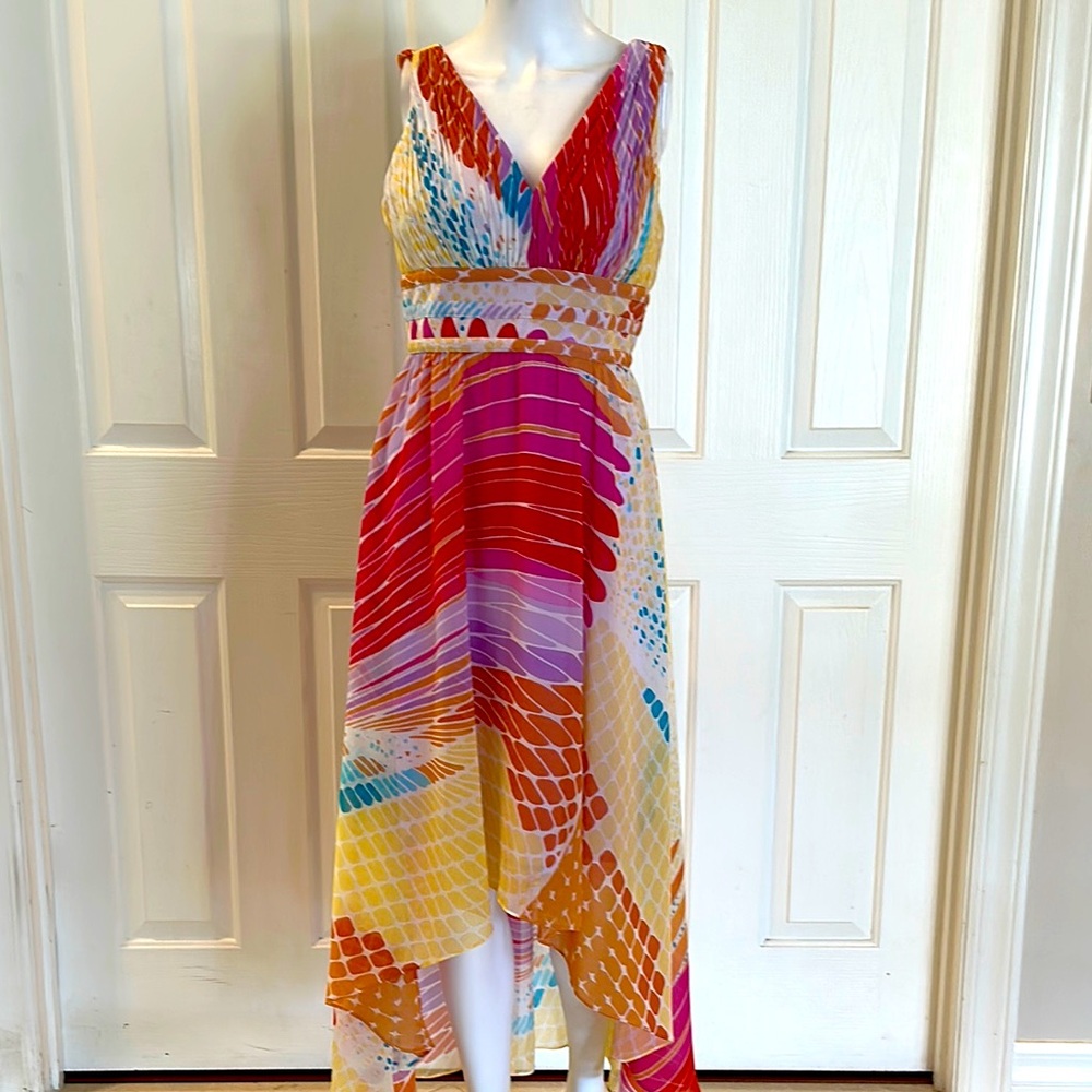 Donna Morgan Multicolor High-Low Sleeveless Dress - Red, Pink, Yellow, Blue